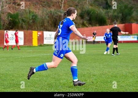 Briton Ferry, Galles. 29 dicembre 2024. Ffion Price di Cardiff City Women celebra il gol pareggiante della sua squadra per segnare il punteggio di 1-1 durante il Genero Adran Premier match tra Briton Ferry Llansawel Women e Cardiff City Women a Old Road a Briton Ferry, Galles, Regno Unito, il 29 dicembre 2024. Crediti: Duncan Thomas/Majestic Media/Alamy Live News. Foto Stock