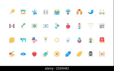 Ebraismo, cultura ebraica, feste e sinagoga, oggetti religiosi di religione, set di icone a colori. Bandiera di Israele e rabbini, shofar e Torah, menorah e hamsa elementi piatti illustrazione vettoriale Illustrazione Vettoriale