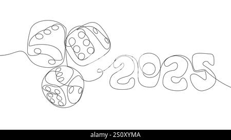 Una linea continua di dadi con il numero 2025. Concetto del vettore dell'illustrazione a linee sottili. Idee creative per il disegno dei contorni. Illustrazione Vettoriale