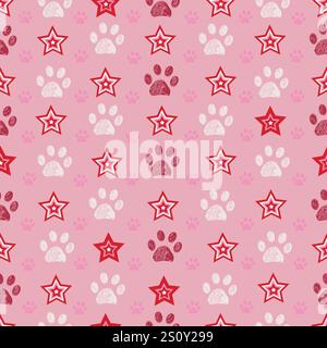 Motivo a stelle rosa a quadri con stampa zampa Illustrazione Vettoriale