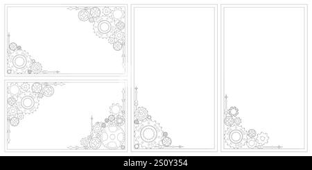 Meccanismo a ingranaggi disegnato a mano con meccanismo a colori stile boodle per angolo, telaio e bordo. Concetto di idea aziendale, lavoro di squadra, background di avanzamento Illustrazione Vettoriale