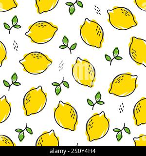 Design con motivo al limone giallo fresco senza cuciture, vettore modello al limone disegnato a mano Illustrazione Vettoriale