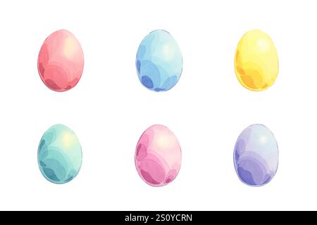 Set di uova di pasqua. Acquerello illustrazione disegnata a mano di uova colorate festose. Elementi su sfondo bianco per un arredo e un design pasquali perfetti Foto Stock