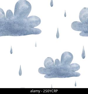 Motivo acquerello senza cuciture con nuvole e gocce di pioggia. Tempo piovoso. Composizione atmosferica disegnata a mano di cielo piovoso per design, carta da imballaggio Foto Stock