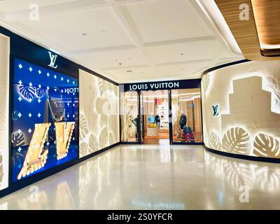 BANGKOK TAILANDIA - 12 dicembre 2024 : il negozio Louis Vuitton ospita una boutique, un caffè e un ristorante, il primo piano ospita le Café, il marchio di design Foto Stock