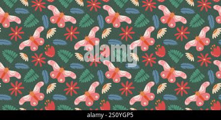 Affascinante motivo floreale e farfalla senza cuciture con motivi botanici disegnati a mano in colori tenui su sfondo verde ideale per tessuti, cancelleria e opere d'arte digitali Illustrazione Vettoriale