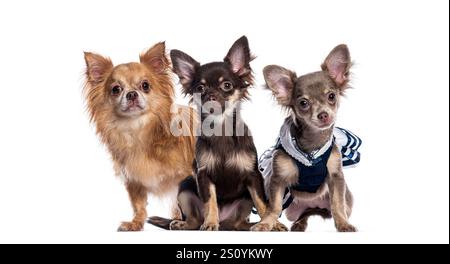Gruppo di tre adorabili cani chihuahua dai capelli lunghi e corti seduti insieme su sfondo bianco Foto Stock