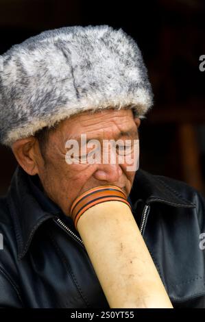 Fumo pomeridiano con una tradizionale pipa di bambù. Foto scattata al mercato settimanale di Laomeng nella provincia meridionale dello Yunnan, in Cina. Foto Stock