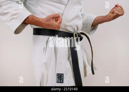 Karateka irriconoscibile con cintura nera. Foto Stock