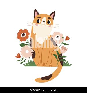 Carino gatto rosso tra i fiori. Illustrazione della molla. Stampa T-shirt, wall art, poster, cartolina, elemento di design per striscioni. Illustrazione Vettoriale