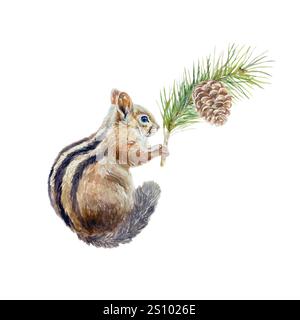 Chipmunk che tiene un ramo di abete con un cono. Illustrazione ad acquerello disegnata a mano isolata su bianco. Per cartoline primaverili, banner, inviti, poster, natu Foto Stock