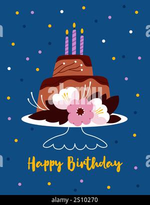 Torta di compleanno con candele. Carino biglietto di auguri di compleanno con torta grande e candele bruciate. Illustrazione Vettoriale