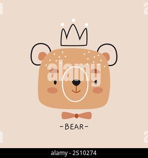 Testa di orso in stile scandinavo ingenuo. Stampa per la stampa o per l'abbigliamento. Orso scandinavo per stampa t-shirt, cartolina, carta da parati e poster. Illustrazione Vettoriale