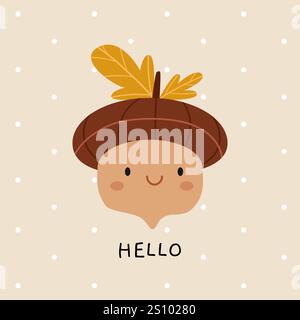 Ghianda carina in stile ingenuo su sfondo a pois. L'iscrizione Ciao. Quercia, ghianda, foglie d'albero. Stampa naturale in stile scandinavo Illustrazione Vettoriale