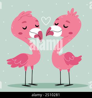 Due fenicotteri rosa su sfondo turchese. San Valentino. Illustrazione Vettoriale
