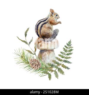Chipmunk seduto su un fungo bianco, felce, ramo di abete rosso. Illustrazione ad acquerello disegnata a mano isolata su bianco. Per biglietti primaverili, striscioni, inviti Foto Stock