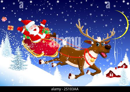 Allegro Babbo Natale e renne scendono da una collina innevata, contro i fiocchi di neve, una foresta innevata e un piccolo villaggio. La notte di Natale d'inverno. Illustrazione Vettoriale