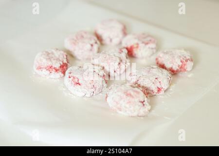 cotolette fresche fatte in casa ricoperte di mosche pronte per la frittura Foto Stock