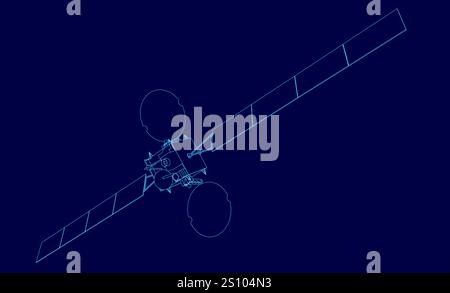 Il satellite blu viene visualizzato su sfondo blu. Il satellite è un oggetto grande e sottile con un'estremità appuntita Illustrazione Vettoriale