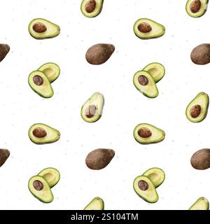 Avocado acquerello, sfondo. Motivo avocado acquerello. Frutta, verdura. Metà di un avocado maturo marrone con una pietra. Design per il confezionamento di alimenti Foto Stock
