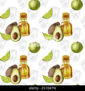 Motivo avocado acquerello. Motivo senza cuciture con avocado e lime e una bottiglia di olio su fondo a reticolo. Una fetta di lime e mezza di un Foto Stock