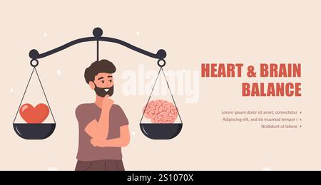 Equilibrio tra cuore e cervello. Concetto di benessere. Uomo che guarda le scale con amore da un lato e pratico dall'altro. Illustrazione vettoriale piatta Illustrazione Vettoriale