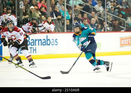 Newark, Stati Uniti. 29 dicembre 2024. Abby Roque (11) controlla il puck durante la partita della PWHL di domenica. I New York Sirens ospitarono l'Ottawa Charge al Prudential Center di Newark, New Jersey. (Foto di Jess Stiles/Sipa USA) credito: SIPA USA/Alamy Live News Foto Stock