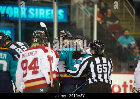 Newark, Stati Uniti. 29 dicembre 2024. Scoppia un combattimento durante la partita di domenica in PWHL. I New York Sirens ospitarono l'Ottawa Charge al Prudential Center di Newark, New Jersey. (Foto di Jess Stiles/Sipa USA) credito: SIPA USA/Alamy Live News Foto Stock
