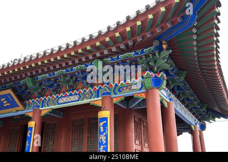 Cina, Qingzhou, 2015-06-07 architettura, tempio, tetto intagliato, colonne dipinte, motivi tradizionali cinesi, design cinese, taoismo, colore rosso Foto Stock