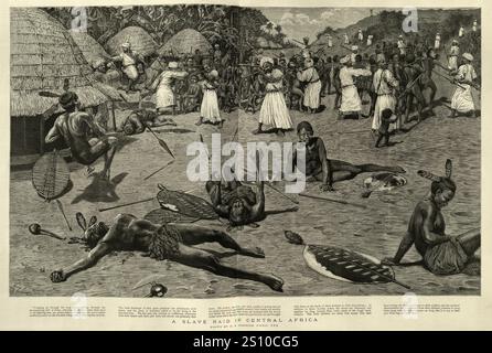 Illustrazione d'epoca i commercianti arabi di schiavi attaccano un villaggio in Africa centrale, storia del commercio di schiavi dell'Africa orientale, anni 1880, XIX secolo Foto Stock