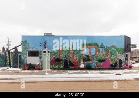 Murale su un vecchio edificio nel centro di Camrose, Alberta, Canada Foto Stock