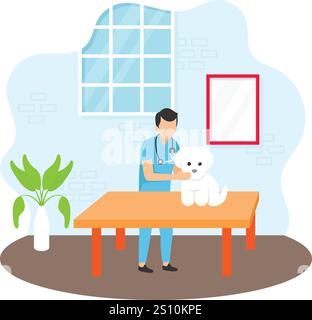 Medico veterinario che esamina il concetto di cucciolo carino, medico veterinario che tiene il disegno dell'icona del colore del gattino, Foster e hotel Symbol, animali da allevamento Illustrazione Vettoriale