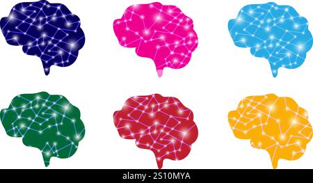 Tecnologia Brain Set di sei con blu rosa cielo blu verde rosso e giallo isolato su sfondo bianco trasparente Illustrazione Vettoriale
