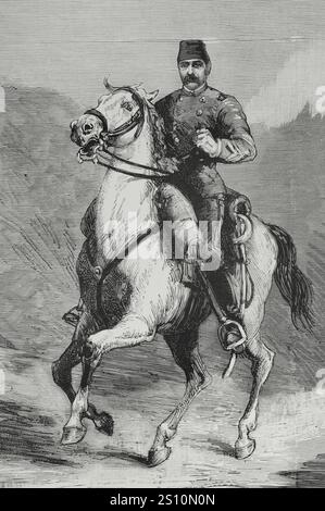 Valentine Baker (1827-1887), conosciuto come Baker Pasha. Ufficiale britannico al comando del corpo anglo-egiziano che fu sconfitto nella prima battaglia di El TEB (4 febbraio 1884), durante la guerra mahdista (1881-1899). Ritratto equestre. Disegno di Juan Comba. Incisione. La Ilustracion Espanola y americana (The Spanish and American Illustration), 15 febbraio 1884. Foto Stock
