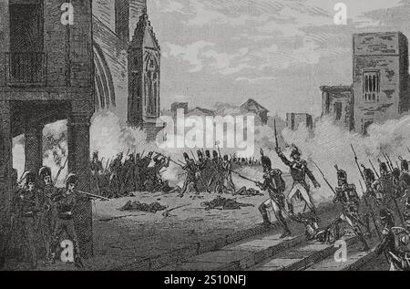 Spagna, Catalogna. Guerra d'indipendenza spagnola (1808-1814). Assedio di Tarragona (1811). Si confrontò con le truppe francesi al comando del generale Suchet contro le truppe spagnole guidate da Juan Senen de Contreras, governatore militare della città. I combattimenti ebbero luogo tra il 5 maggio e il 29 giugno 1811, terminando con l'occupazione francese della città. Tarragona rimase sotto il controllo francese fino alla ritirata di Suchet il 13 agosto 1813. Combatti nella piazza della cattedrale. Incisione. "Glorias Espanolas" (Glorie di Spagna). Volume IV. Pubblicato a Barcellona, 1890. Foto Stock