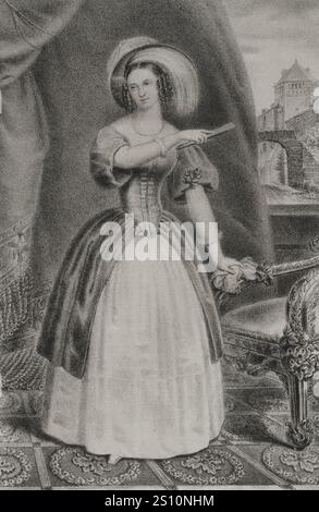 Elisabetta Ludovika di Baviera (1801-1873). Regina consorte di Prussia (1840-1861) come moglie di re Federico Guglielmo IV (1795-1861). Verticale. Disegno di A. Belvedere. Litografia di J. Donon. "Reyes Contemporaneos" (Re contemporanei). Volume III. Pubblicato a Madrid, 1854. Foto Stock