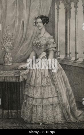 Adelaide d'Austria (1822-1855). Arciduchessa austriaca. Regina consorte di Sardegna (1849-1855) dal suo matrimonio con re Vittorio Emanuele II (1820-1878). Verticale. Disegno di C. Legrand. Litografia di J. Donon. "Reyes Contemporaneos" (Re contemporanei). Volume III. Pubblicato a Madrid, 1854. Foto Stock