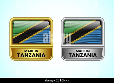 Icona di etichetta Made in Tanzania nei colori oro e argento. Icona flag impostata per l'azienda Illustrazione Vettoriale