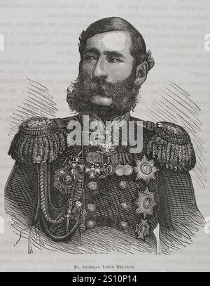 Mikhail Loris-Melikov (Mikhail Tarielovich Loris-Melikov) (1824-1888). Politico e ufficiale militare russo di origine armena. Cavalleria generale e Ministro degli interni (1880-1881). Verticale. Incisione. "La Guerra de Oriente" (la guerra russo-turca). Volume II 1877. Foto Stock