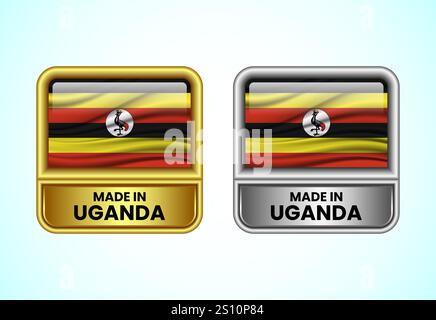 Icona dell'etichetta Made in Uganda nei colori oro e argento. Icona flag impostata per l'azienda Illustrazione Vettoriale