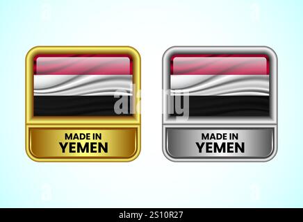 Icona dell'etichetta Made in Yemen nei colori oro e argento. Icona flag impostata per l'azienda Illustrazione Vettoriale