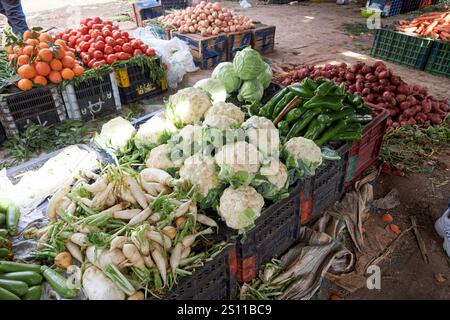 frutta fresca e verdura in vendita in una stalla nel tradizionale giorno del mercato berbero amazigh market asni marocco Foto Stock