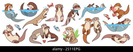 Divertenti lontre di cartoni animati. Fiume, mammiferi marini, simpatici animali d'acqua, animali domestici felici e mascotte faunistiche, pose diverse, azioni, nuoto, pesca, coppie e. Illustrazione Vettoriale