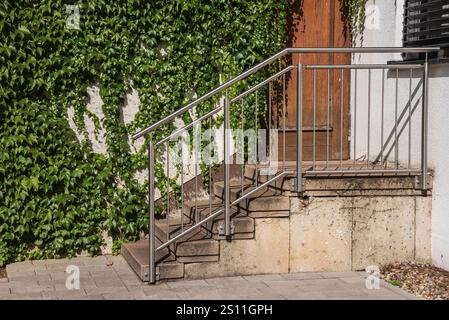 un'entrata di un vecchio edificio con una facciata coperta di vite e una moderna ringhiera in acciaio alle scale di pietra Foto Stock