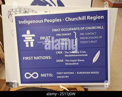 I popoli indigeni firmano all'interno del Museo Itsanitaq in la Vérendrye Ave a Churchill, Manitoba, Canada Foto Stock