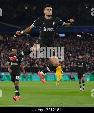 Londra, Regno Unito. 29 dicembre 2024. Luis Diaz del Liverpool festeggia dopo aver segnato il suo primo gol. Partita di Premier League, West Ham Utd contro Liverpool allo Stadio di Londra, Queen Elizabeth Olympic Park a Londra domenica 29 dicembre 2024. Questa immagine può essere utilizzata solo per scopi editoriali. Foto per uso editoriale di Sandra Mailer/Andrew Orchard fotografia sportiva/Alamy Live news Credit: Andrew Orchard fotografia sportiva/Alamy Live News Foto Stock