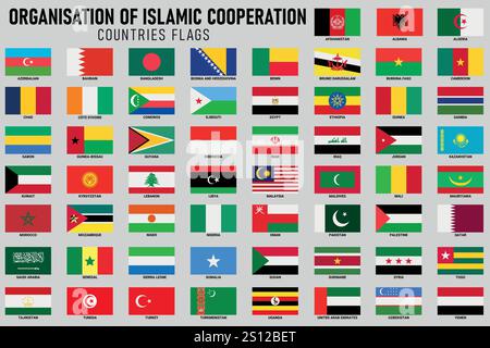 Set di bandiere dei paesi islamici con nome del paese disegno vettore, bandiere dei paesi OIC, icona delle bandiere Illustrazione Vettoriale