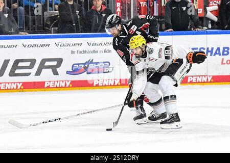 Eishockey DEL 24/25 - 31. Spieltag: Kölner Haie vs Löwen Frankfurt in der Lanxess arena am 30.12.2024 Kölns Joshua Currie (Nr.18) gegen Frankfurts Markus Lauridsen (Nr.18) foto: Osnapix Foto Stock