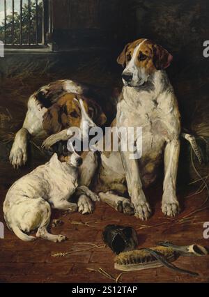 Two Hounds e a Terrier in a Kennel di John Emms, olio su tela. Foto Stock