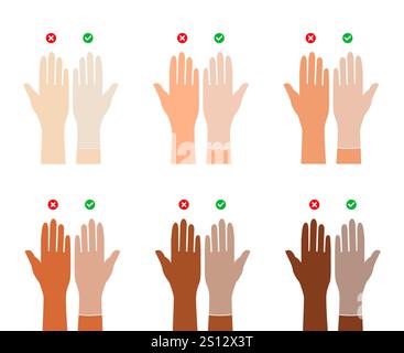 Si attacca bene e male senza indossare guanti cartoni animati Set di guanti in gomma su indumenti per illustrazioni tecniche di nazionalità diverse. Vista vettoriale anteriore con palmo posteriore per uomo, donna, modello piatto unisex Illustrazione Vettoriale